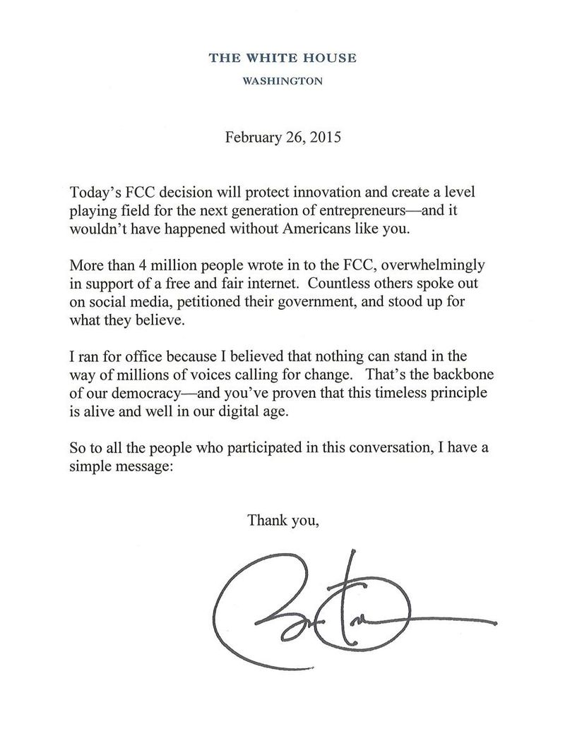 President Barack Obama’s response letter to the FCC’s decision to protect Net Neutrality.